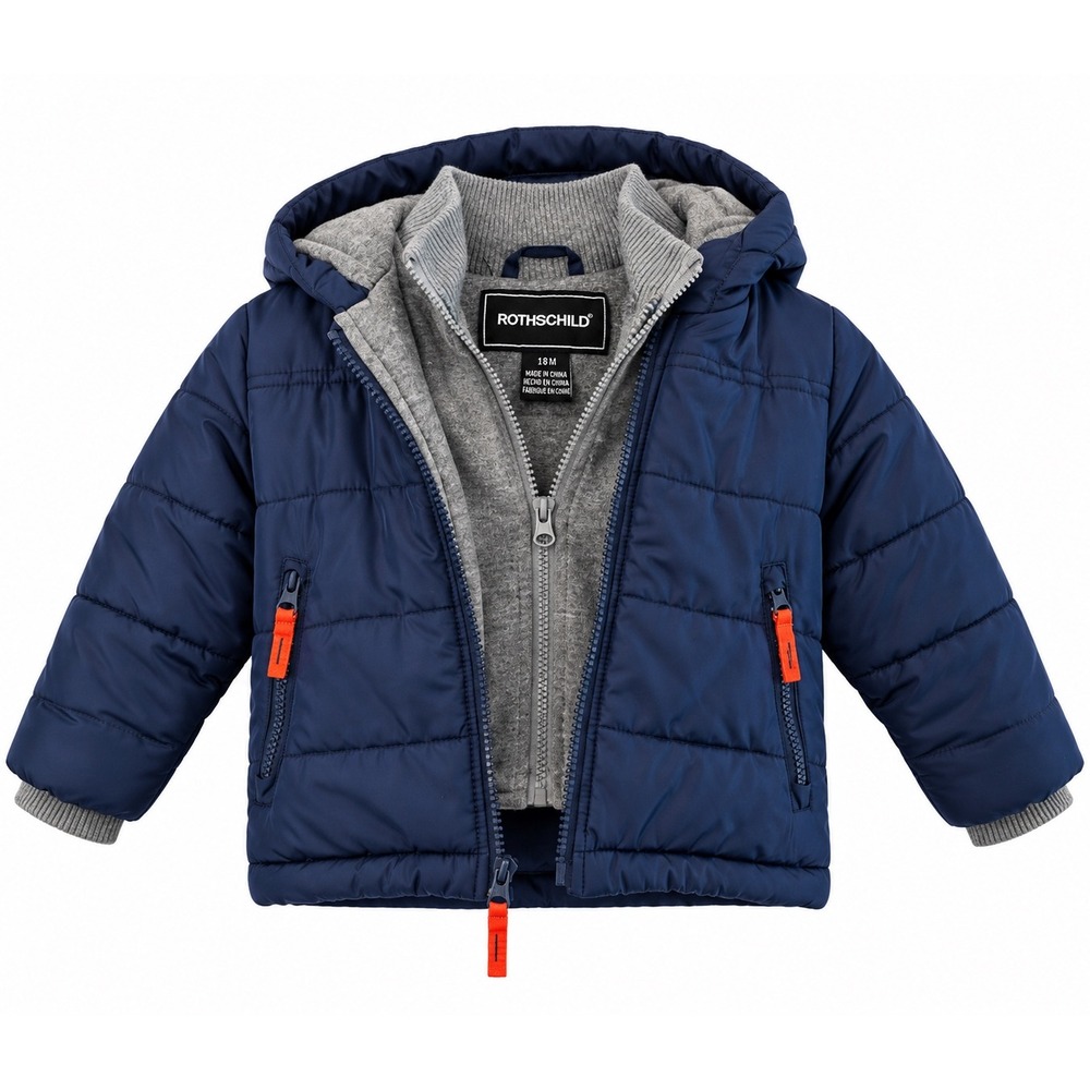 Rothschild Baby Boys Navy Blue Puffer Jacket Grey Fleece Vest 2-in-1 Hooded 18M